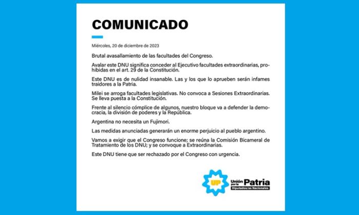 Los diputados de Unión por la Patria contra el decretazo de Milei