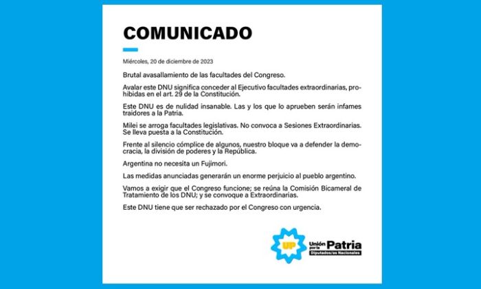 Los diputados de Unión por la Patria contra el decretazo de Milei