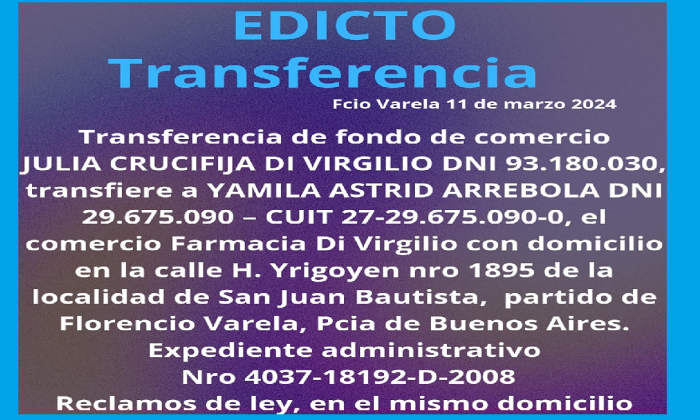 EDICTO - TRANSFERENCIA POR 3 DÍAS