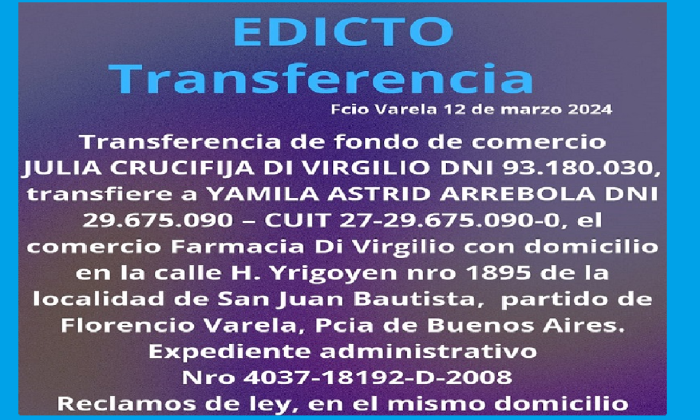   EDICTO- Transferencia- Por 3 días –