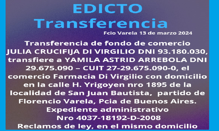 EDICTO -  Transferencia   - Por 3 días –